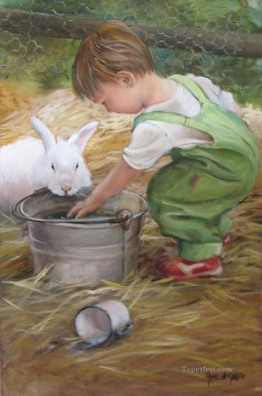 garçon avec le lapin Peinture à l'huile